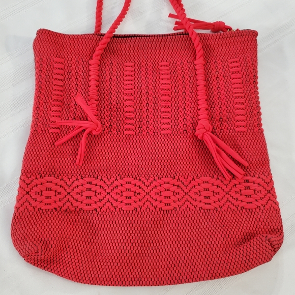 Vintage Red Boho Crochet Fabric Tote Handbag - Picture 5 of 11